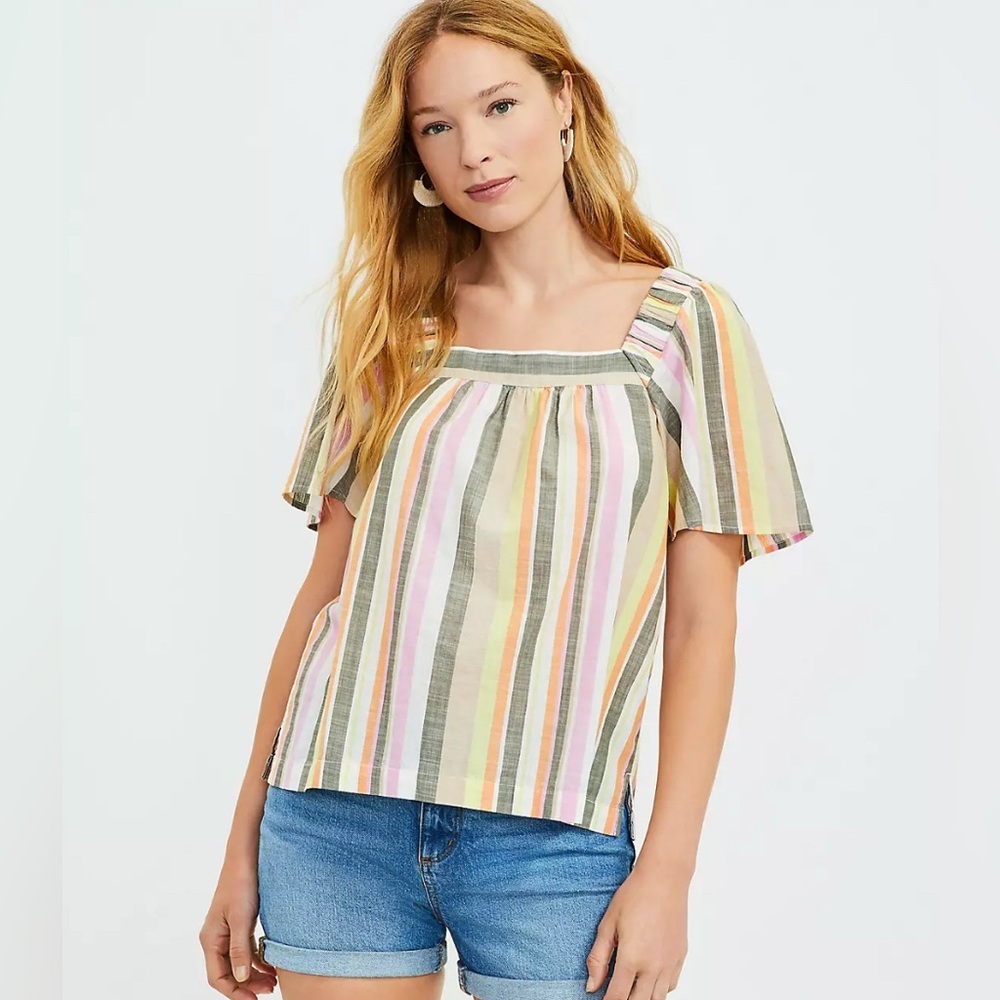 LOFT 100% Cotton Striped Flutter Sleeve Boho Peasant Top XL Extra Large Flowy